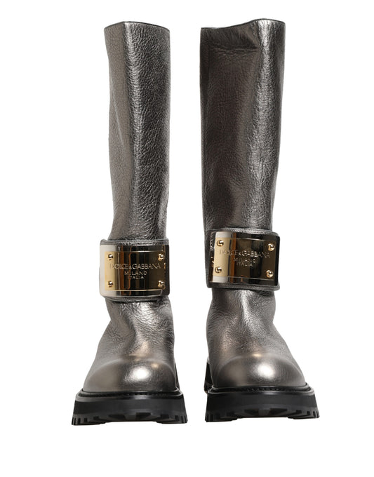 Metallic Silver Leather Mid Calf Boots Shoes