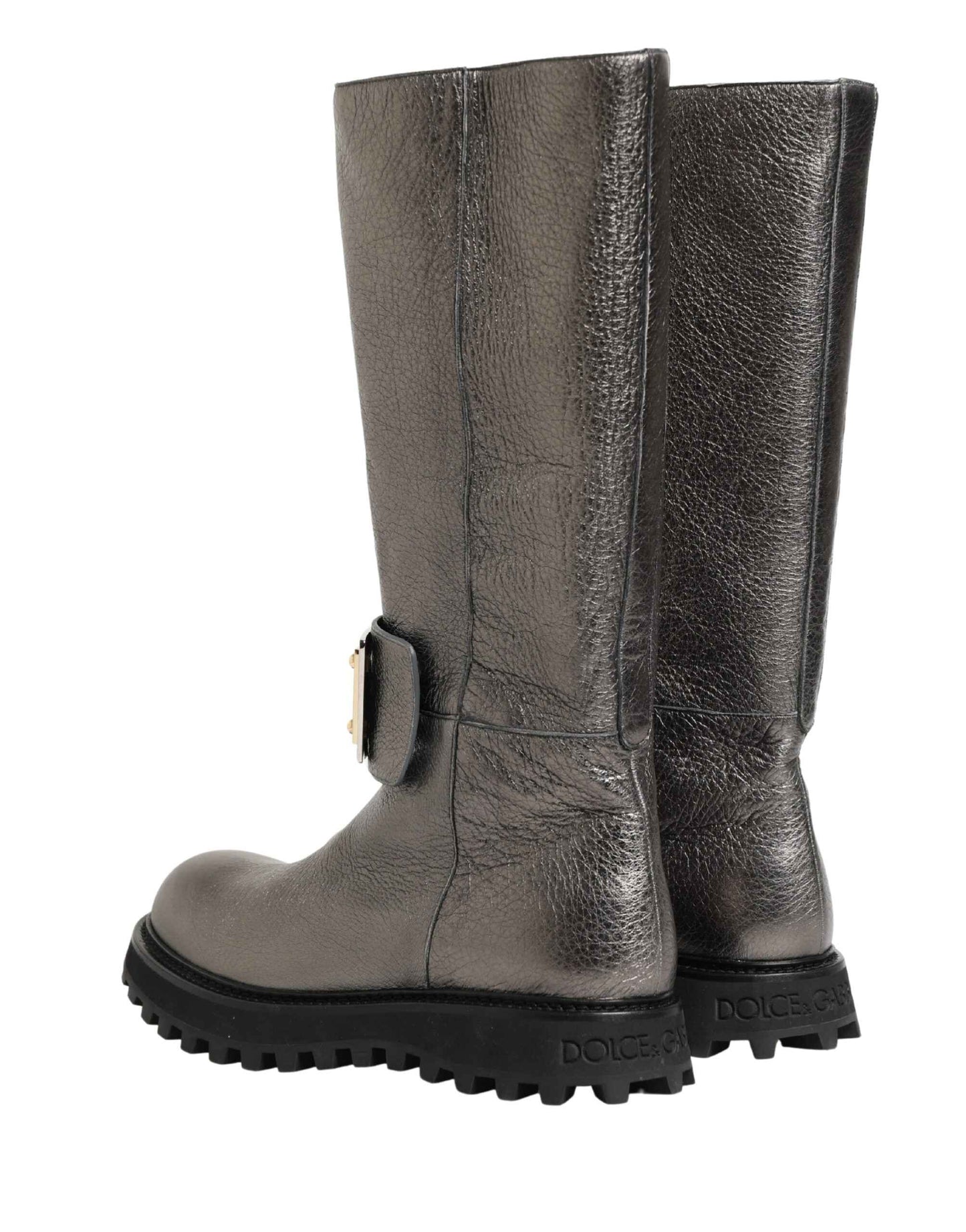 Metallic Silver Leather Mid Calf Boots Shoes