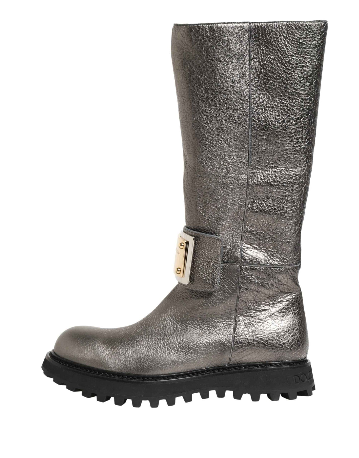 Metallic Silver Leather Mid Calf Boots Shoes