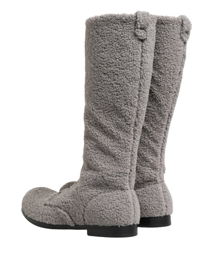 Gray Shearling Lace Up Knee High Boots Shoes