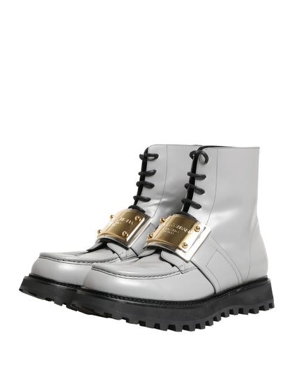 Gray Leather Logo Plaque Ankle Boots Shoes