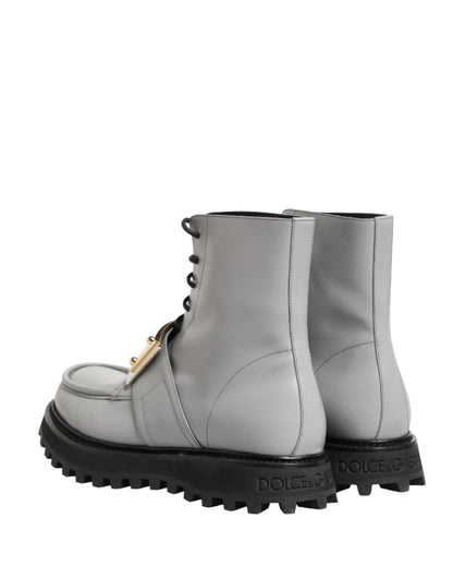 Gray Leather Logo Plaque Ankle Boots Shoes