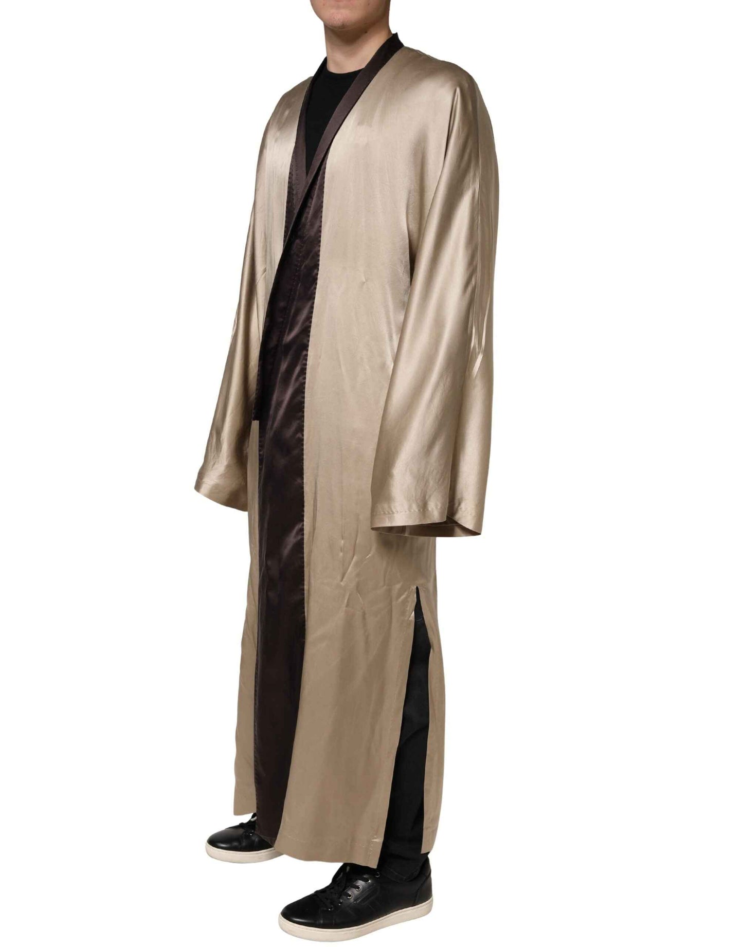 Beige Silk Satin Long Coat Robe Jacket