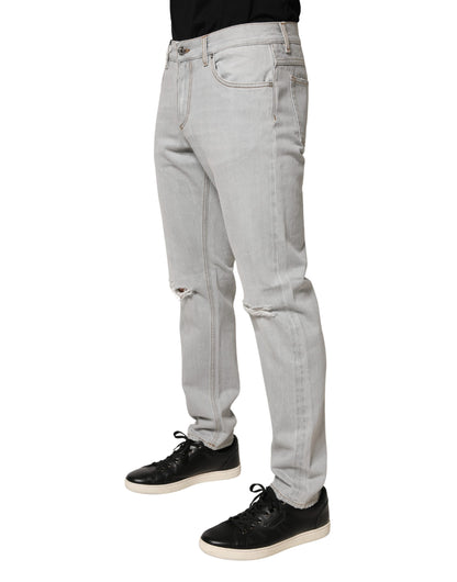 Light Gray Ripped Cotton Regular Denim Jeans