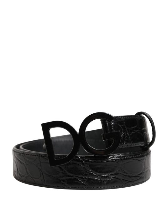 Men Black Exotic Leather Logo Buckle Belt