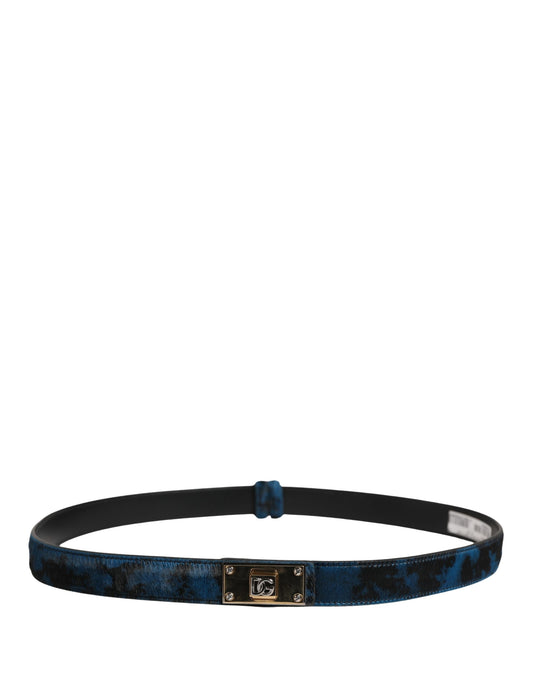 Men Blue Calf Leather Logo Metal Buckle Belt
