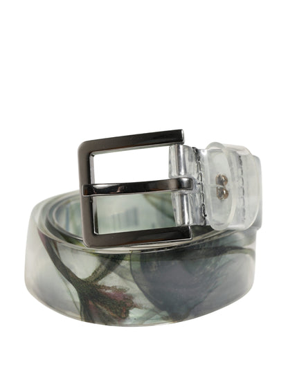Men White Floral PVC Silver Metal Buckle Belt