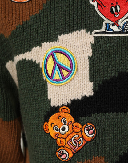 Multicolor Intarsia-Knit Camouflage Pullover Sweater