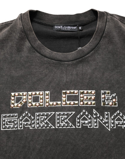 Gray Logo Embellished Men Crew Neck T-shirt