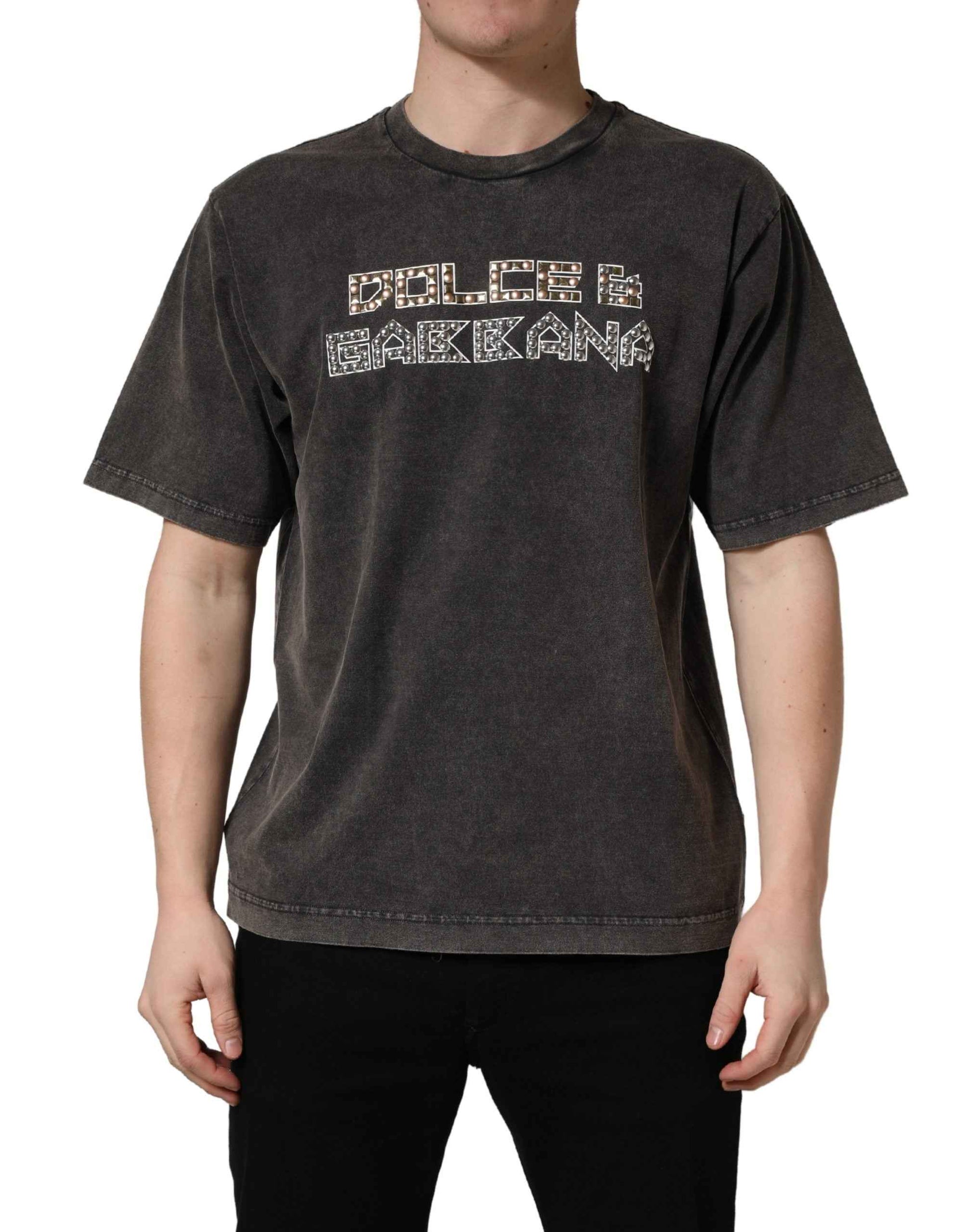 Gray Logo Embellished Men Crew Neck T-shirt
