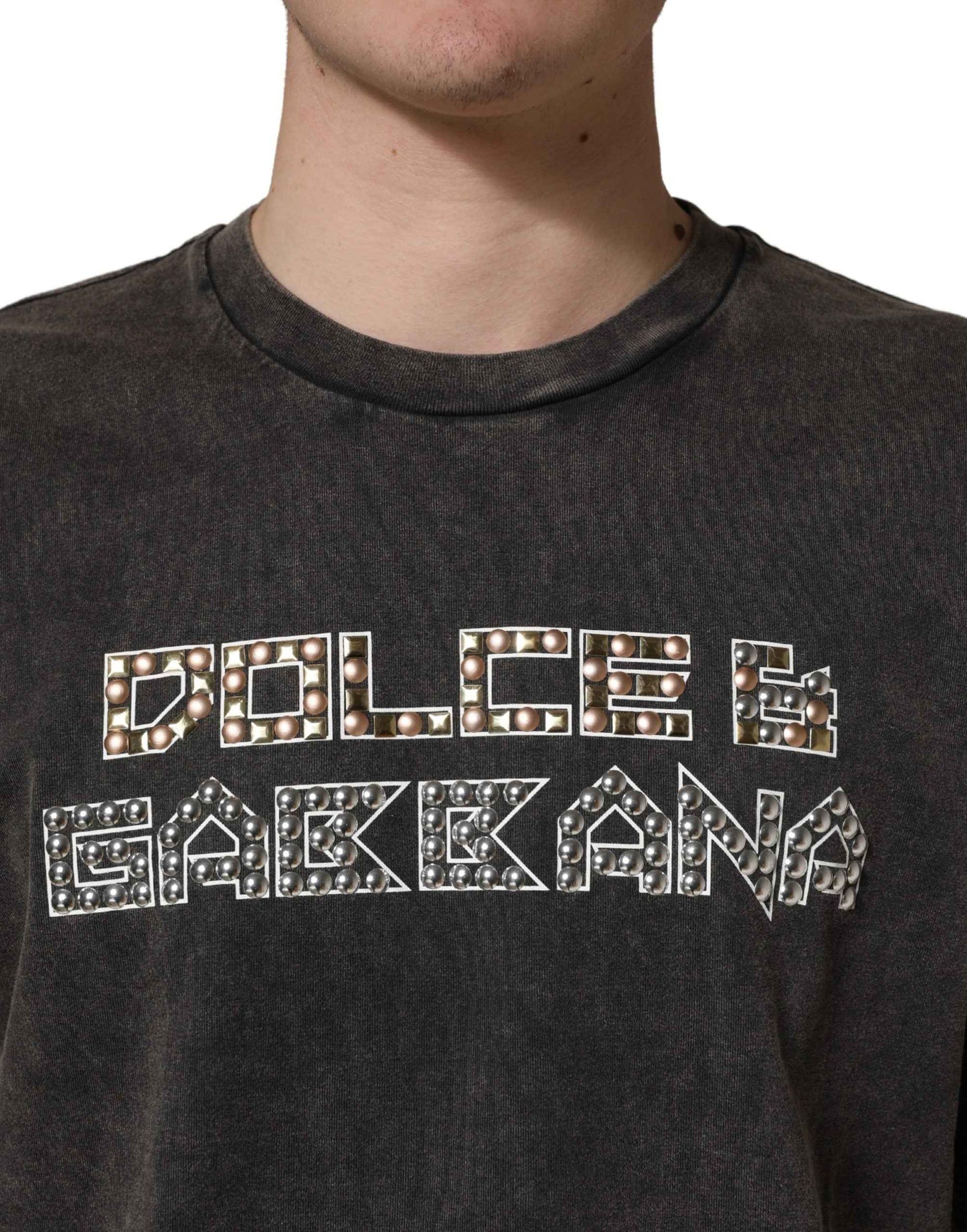 Gray Logo Embellished Men Crew Neck T-shirt
