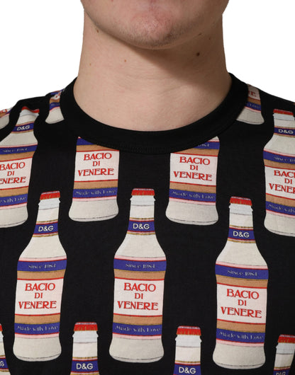 Black Bottle Print Cotton Crew Neck  T-shirt