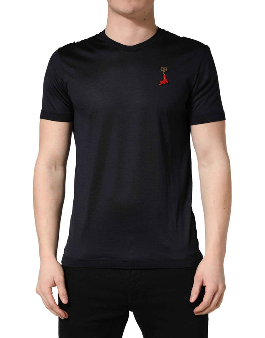 Dark Blue DG Logo Silk Men Crew Neck T-shirt