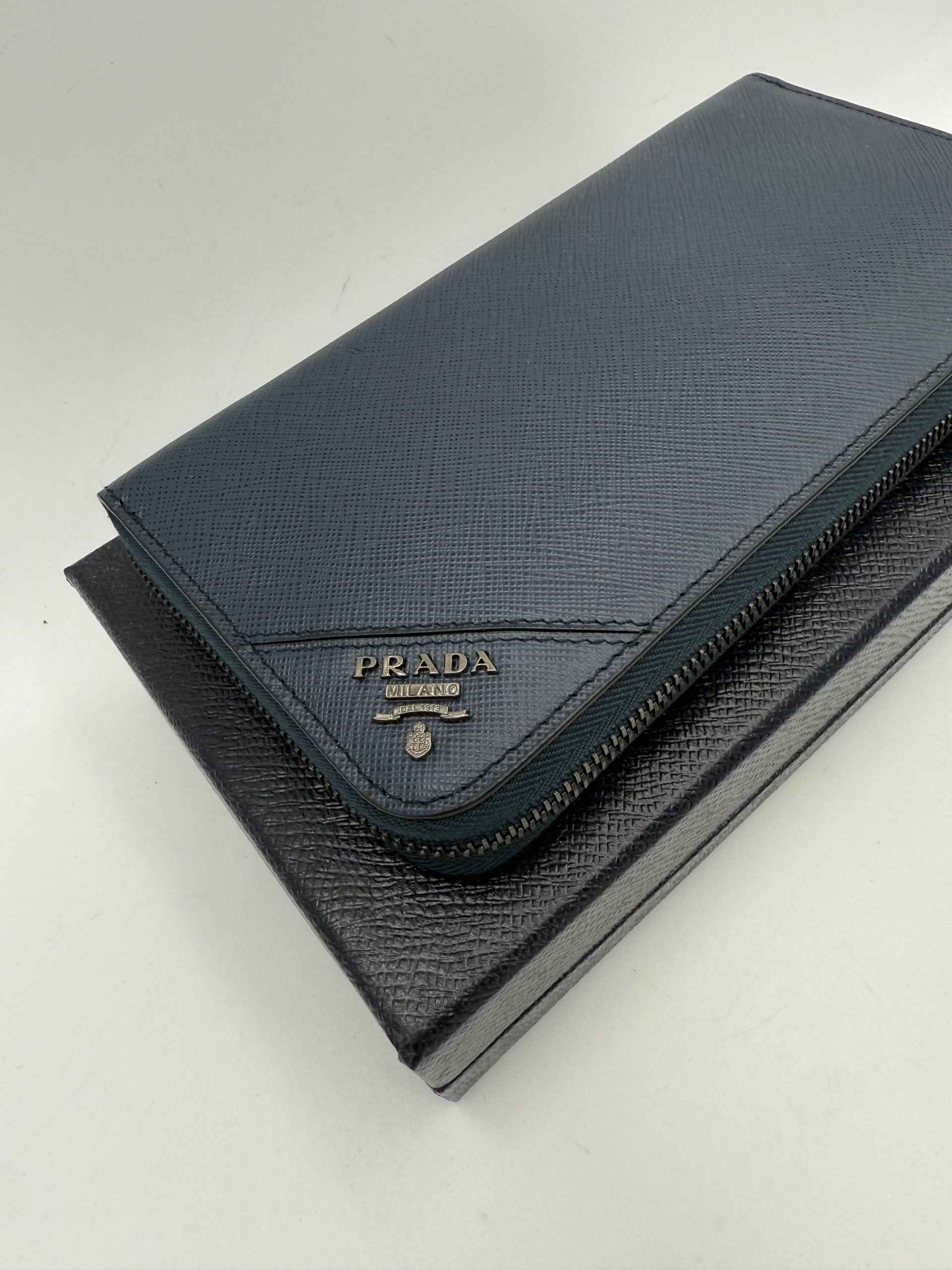 PRADA Zip in Blue Saffiano Wallet