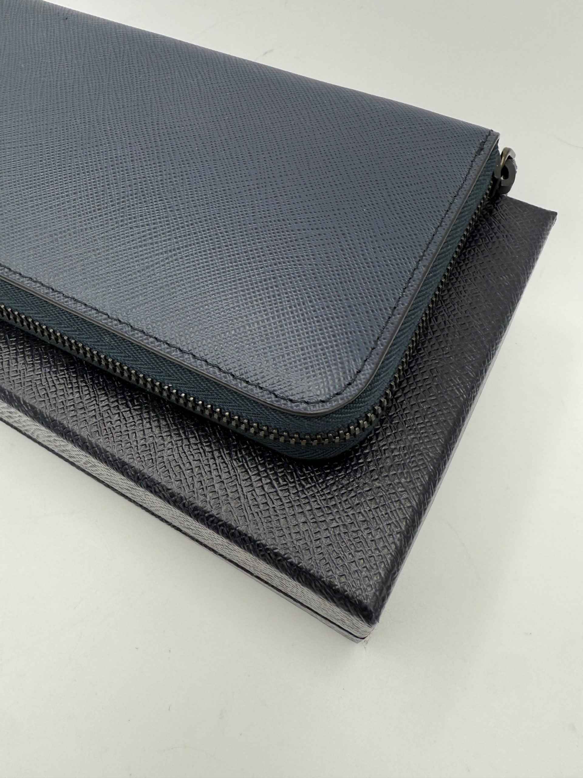 PRADA Zip in Blue Saffiano Wallet
