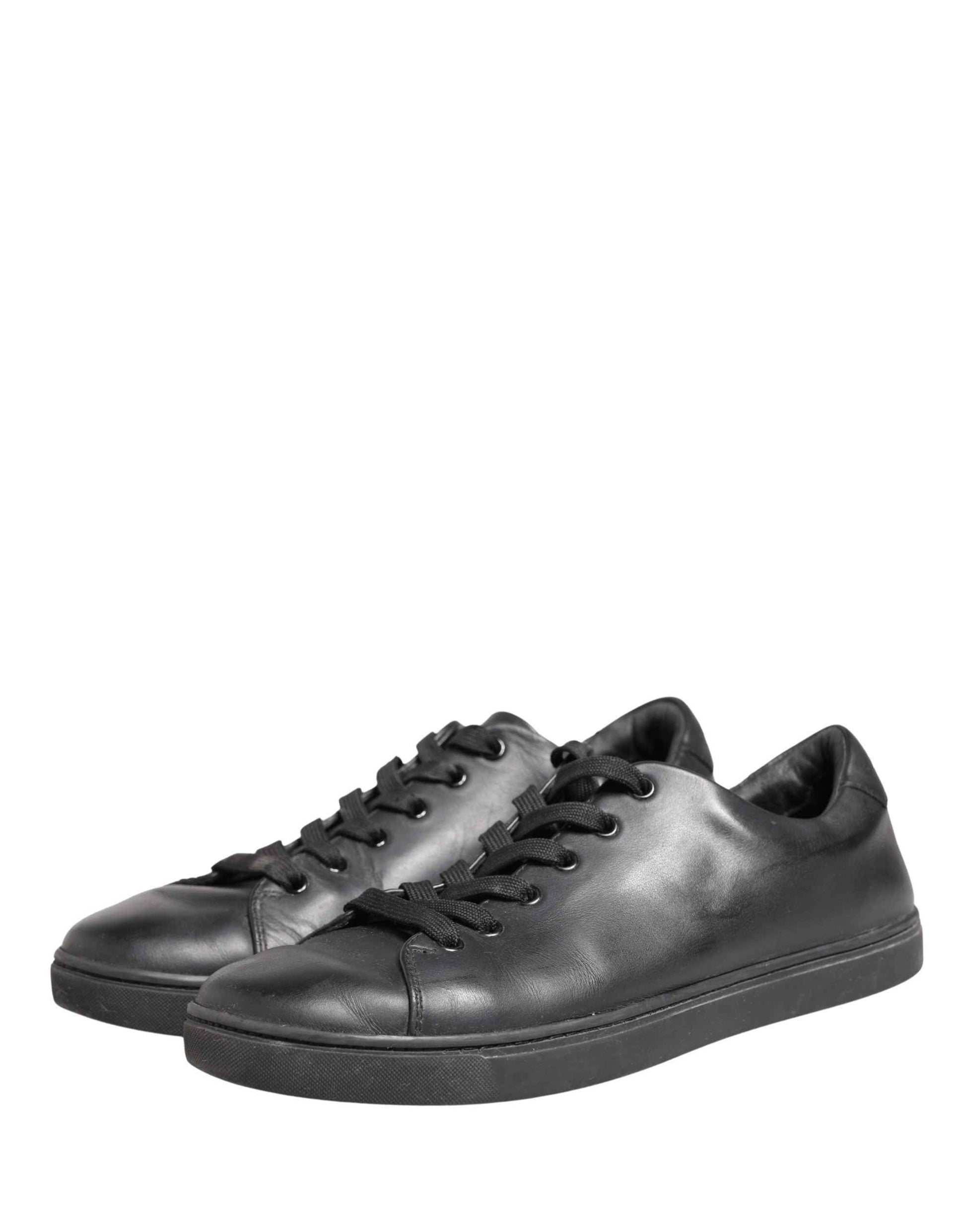 Black Leather Low Top Lace Up Sneakers Shoes