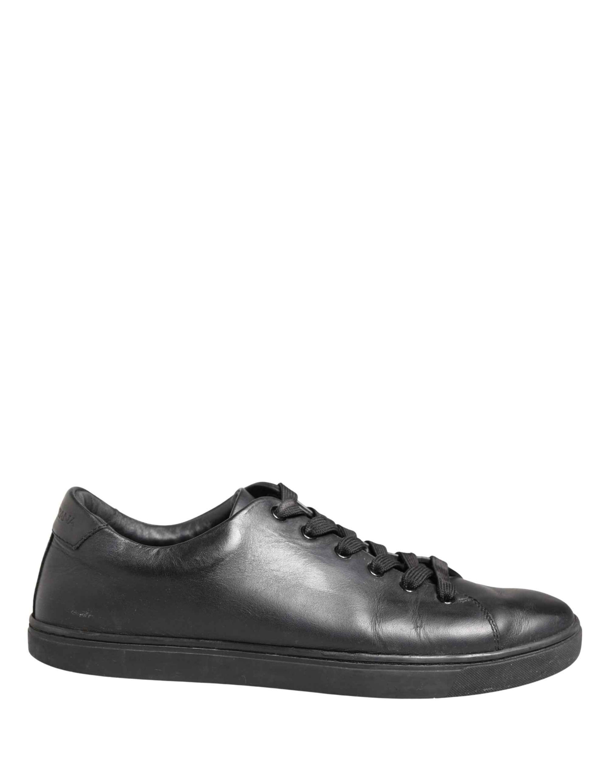 Black Leather Low Top Lace Up Sneakers Shoes