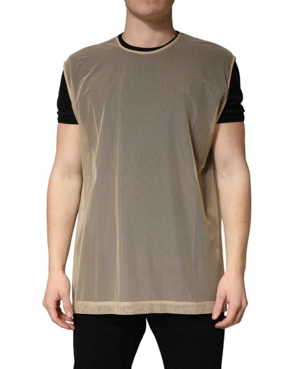 Beige Crew Neck Sleeveless Mesh Top  T-shirt