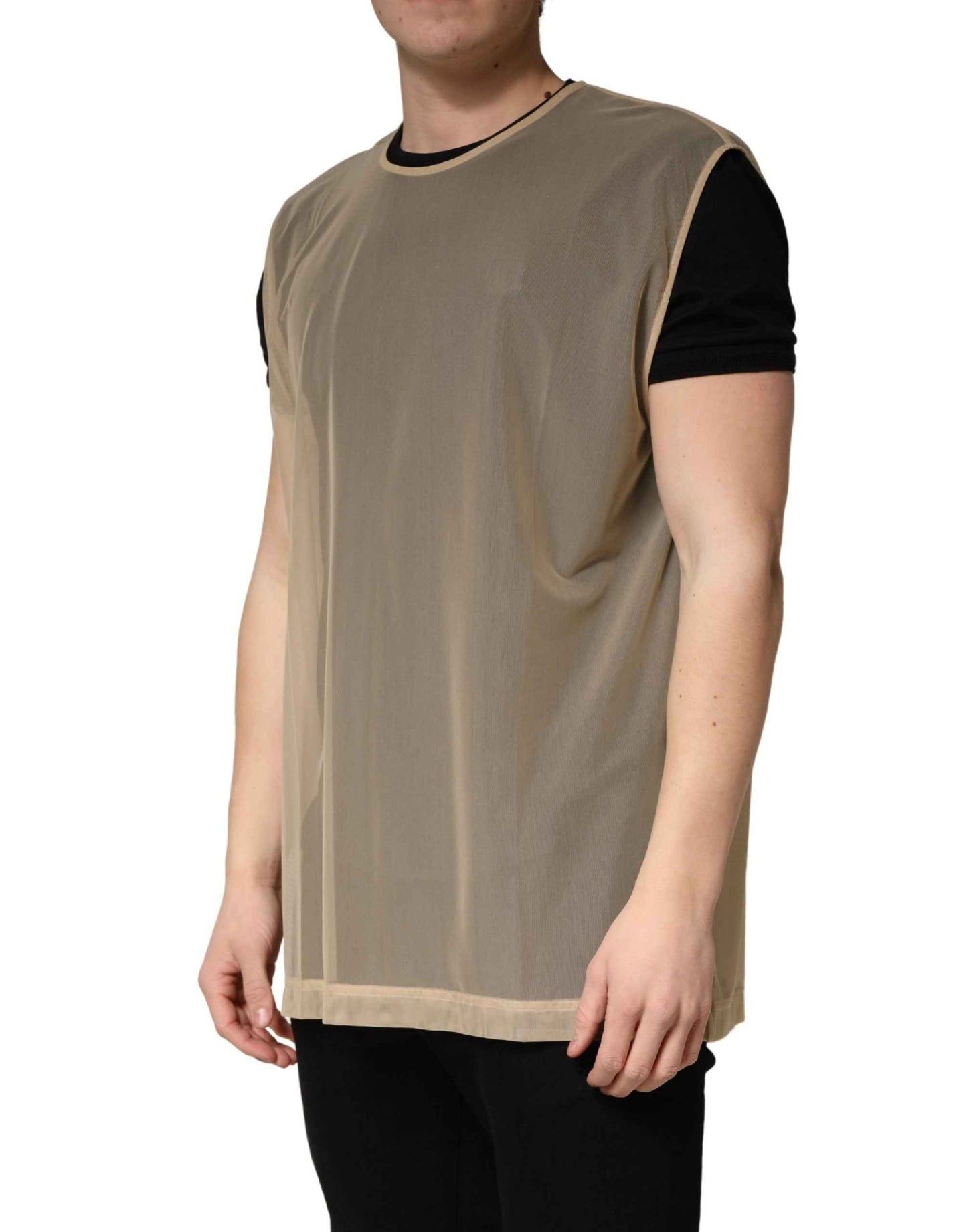 Beige Crew Neck Sleeveless Mesh Top  T-shirt