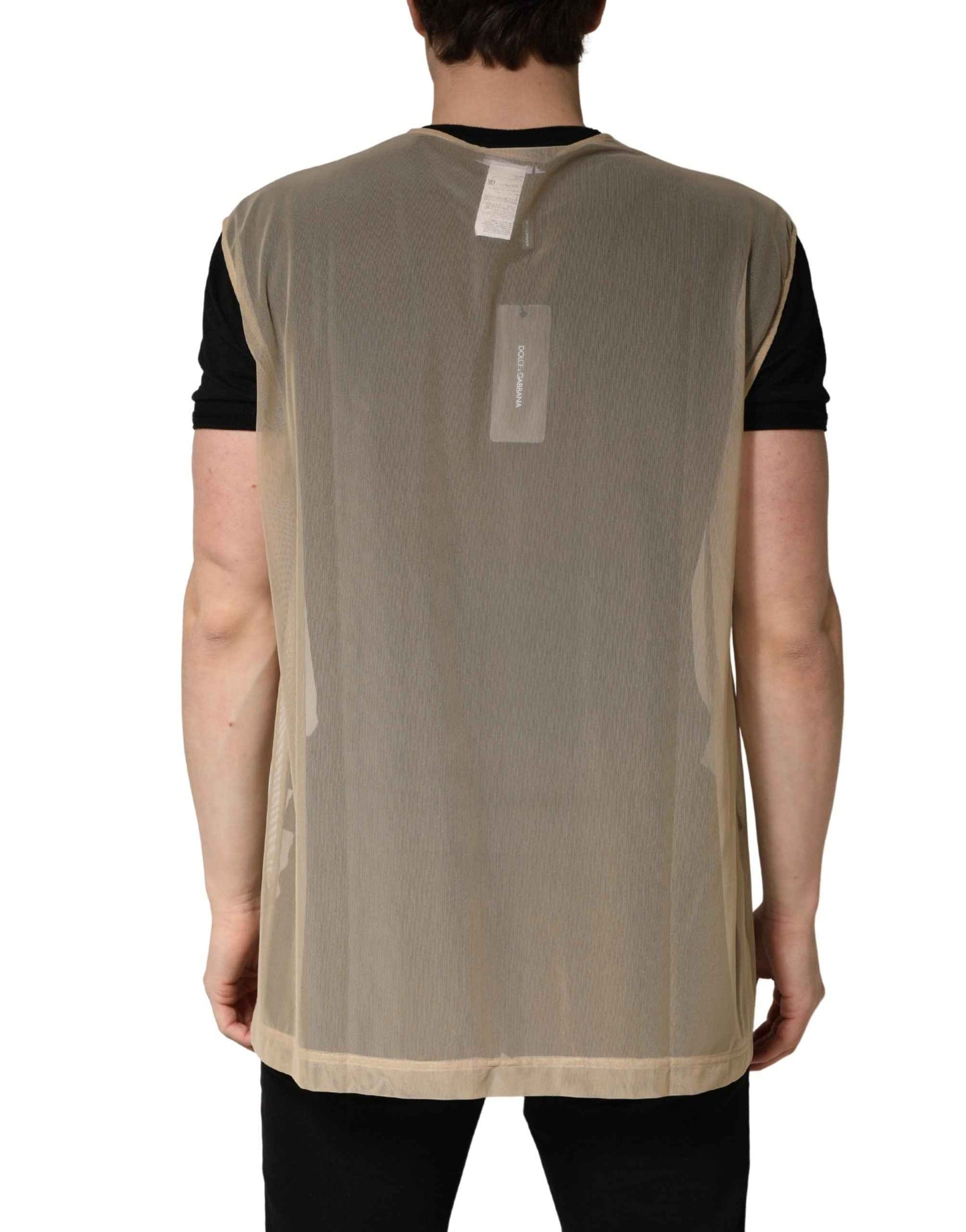 Beige Crew Neck Sleeveless Mesh Top  T-shirt
