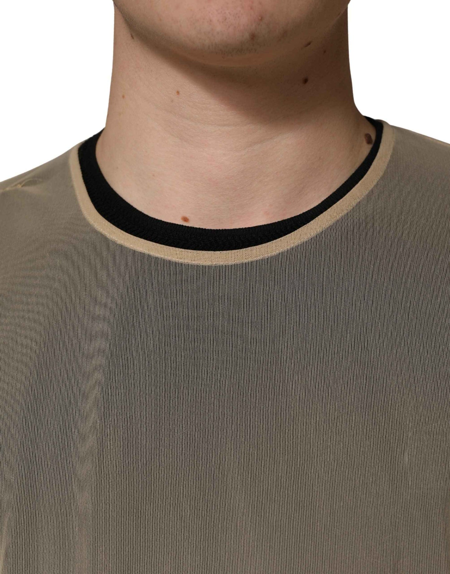 Beige Crew Neck Sleeveless Mesh Top  T-shirt