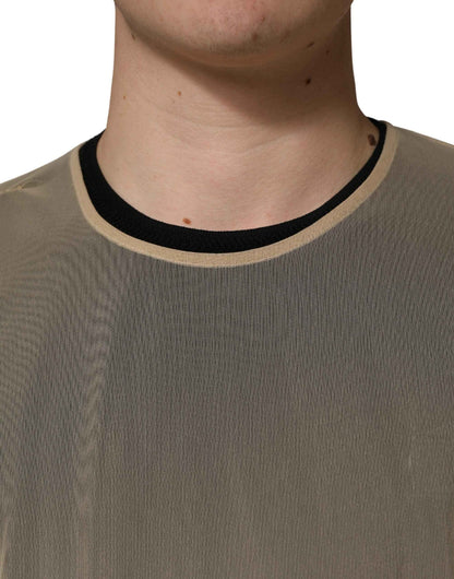 Beige Crew Neck Sleeveless Mesh Top  T-shirt
