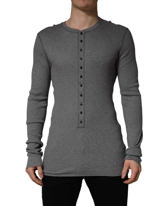 Gray Ribbed Cotton Long-Sleeve Henley  T-shirt