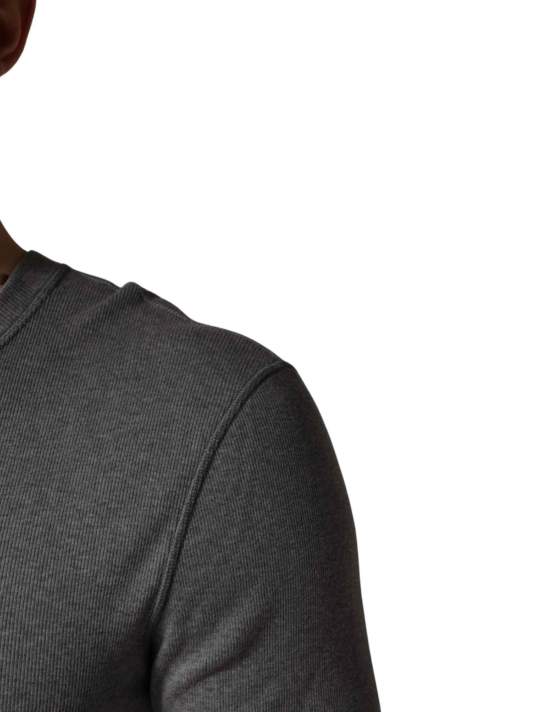 Gray Ribbed Cotton Long-Sleeve Henley  T-shirt