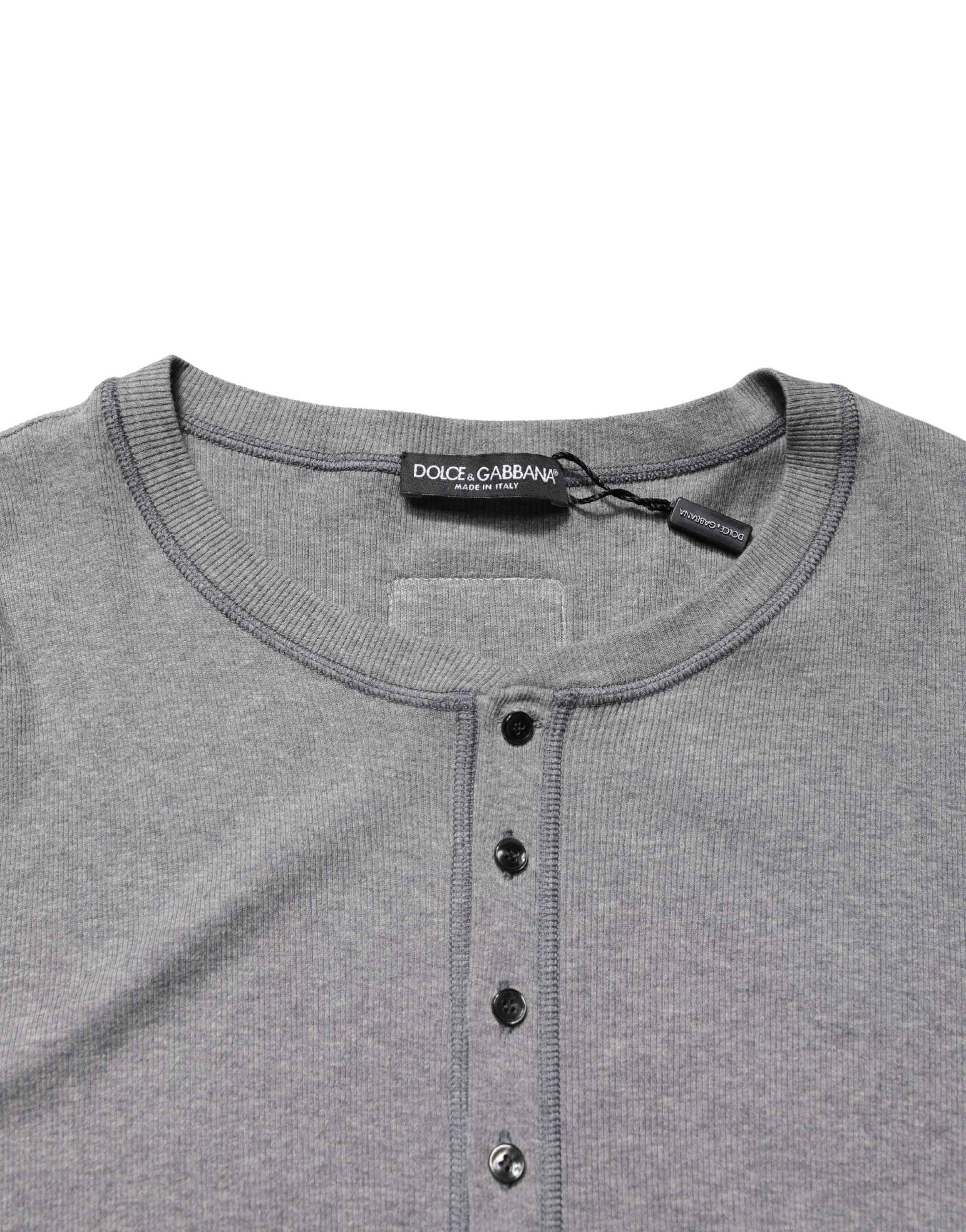 Gray Ribbed Cotton Long-Sleeve Henley  T-shirt