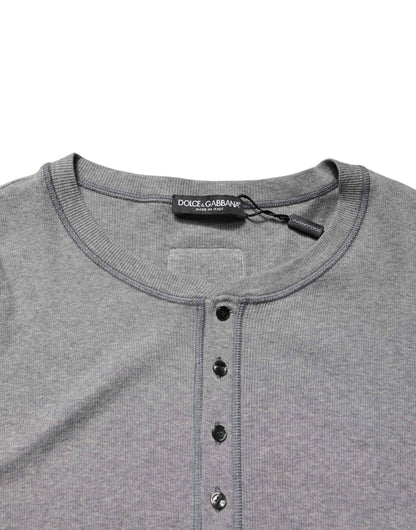 Gray Ribbed Cotton Long-Sleeve Henley  T-shirt