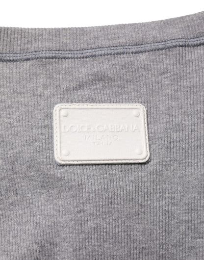 Gray Ribbed Cotton Long-Sleeve Henley  T-shirt