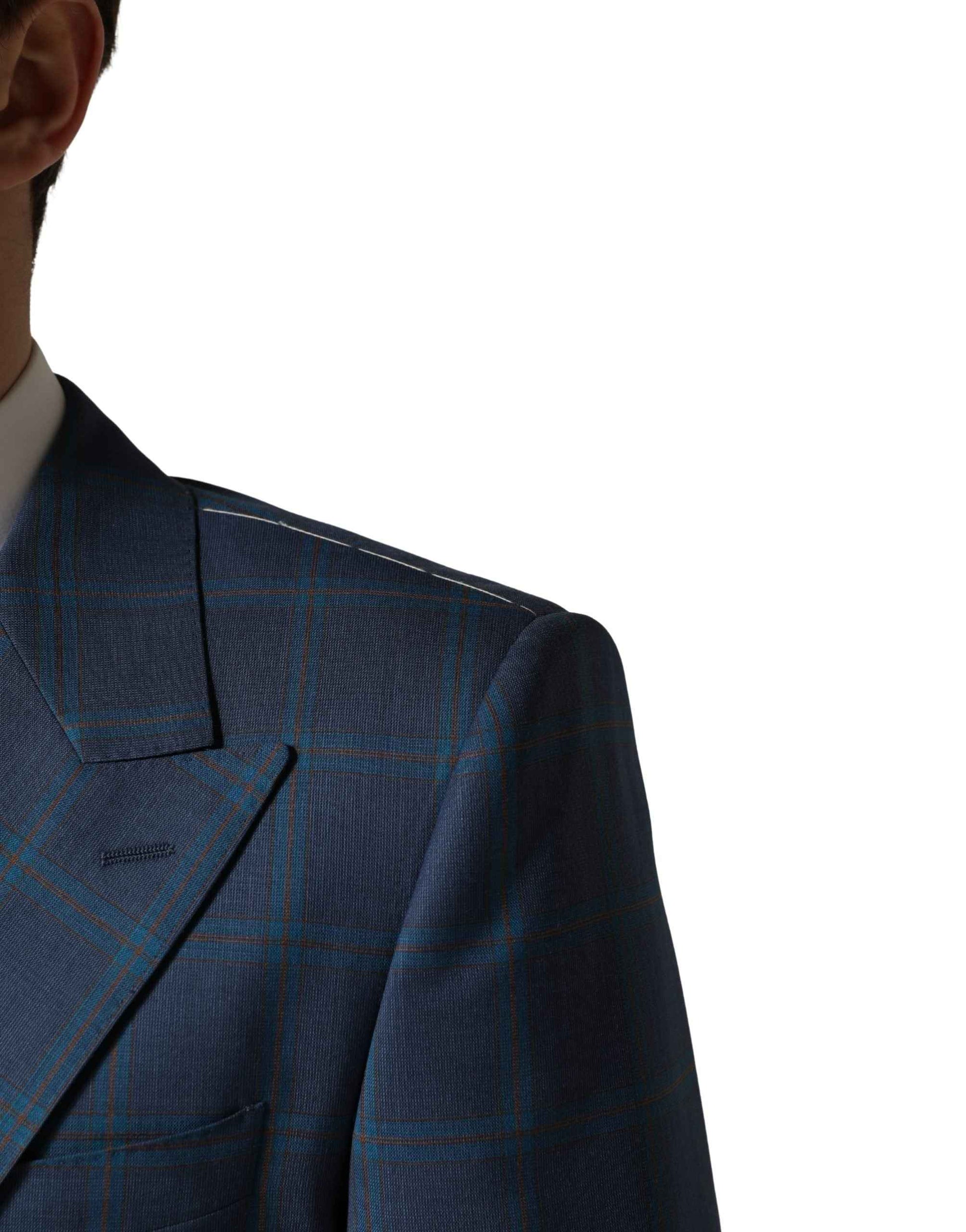 Blue Checked Double Breasted Men Suit Jacket