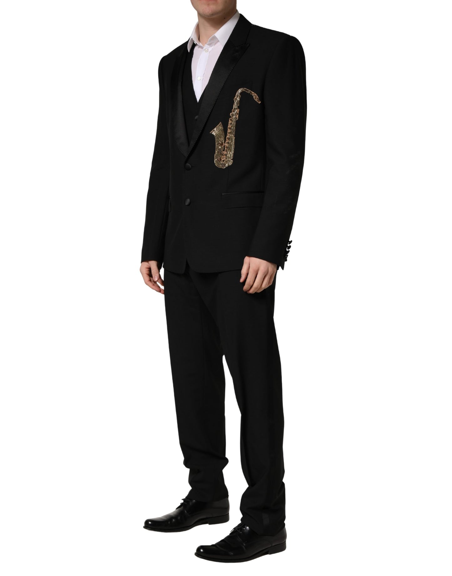 Black Wool Silk Saxophone Slim Fit 3Pc Suit