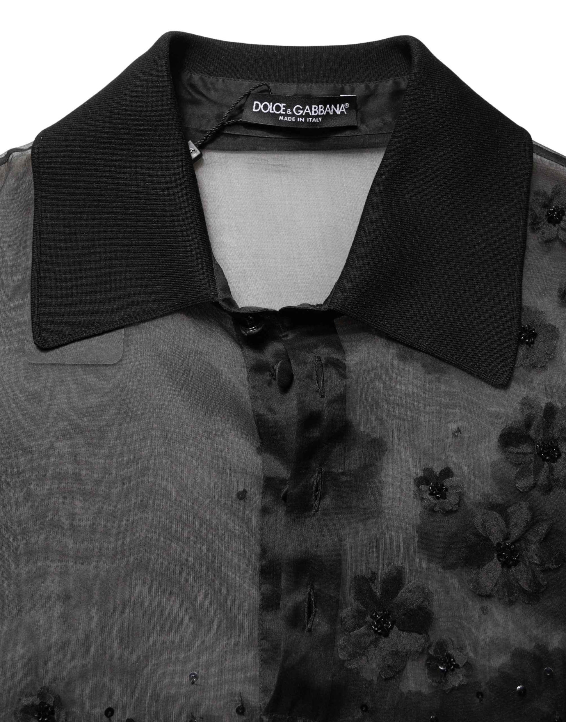 Black Floral Applique Sheer Short Sleeve Shirt