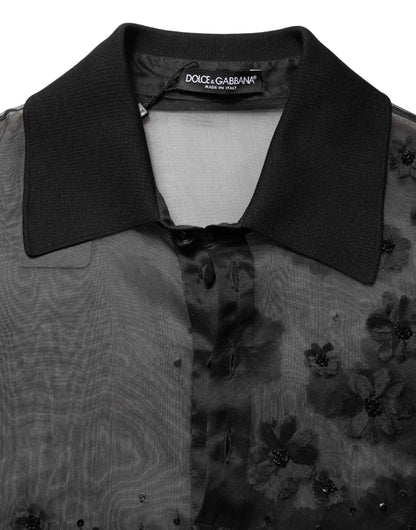 Black Floral Applique Sheer Short Sleeve Shirt