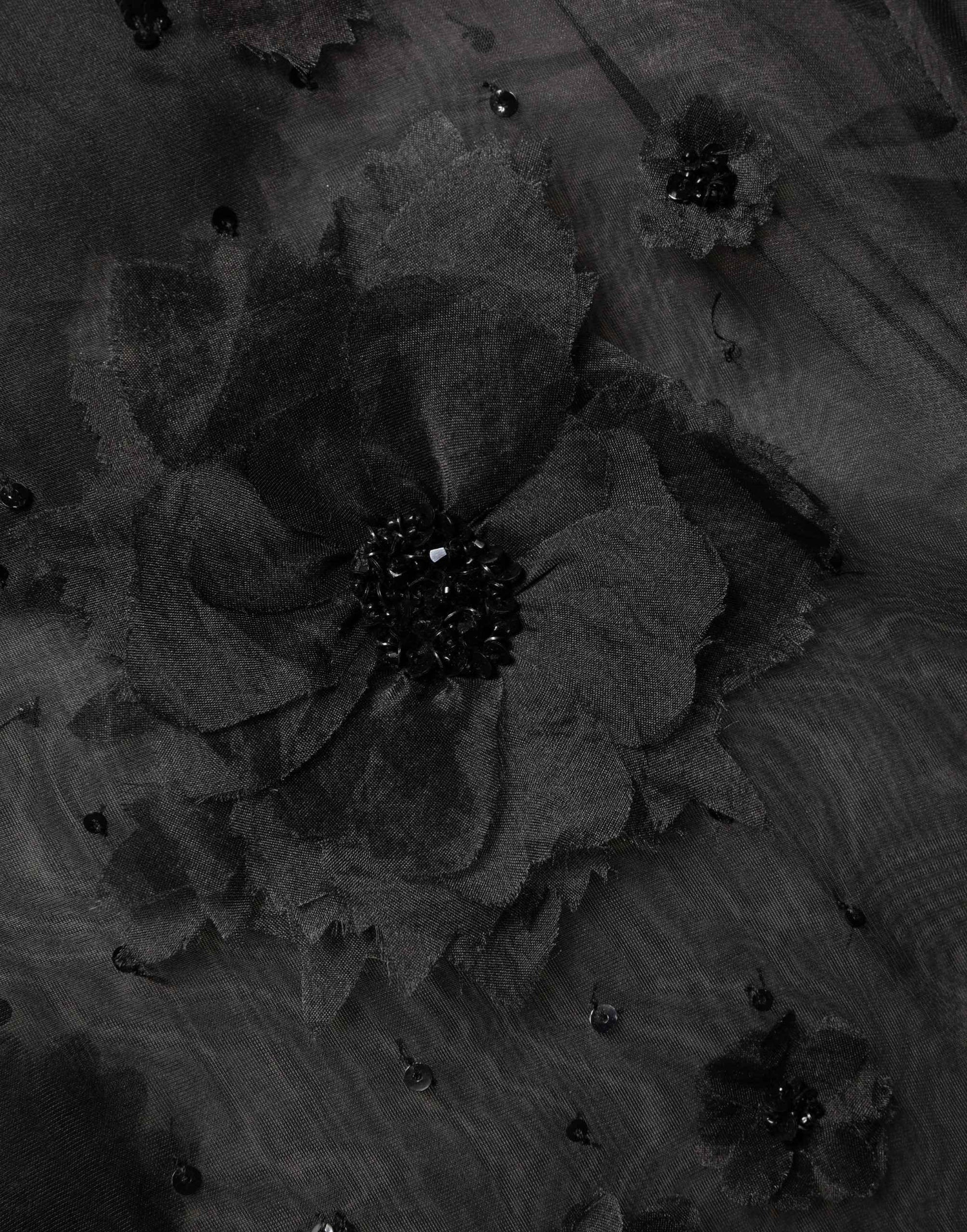 Black Floral Applique Sheer Short Sleeve Shirt