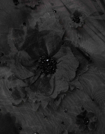 Black Floral Applique Sheer Short Sleeve Shirt
