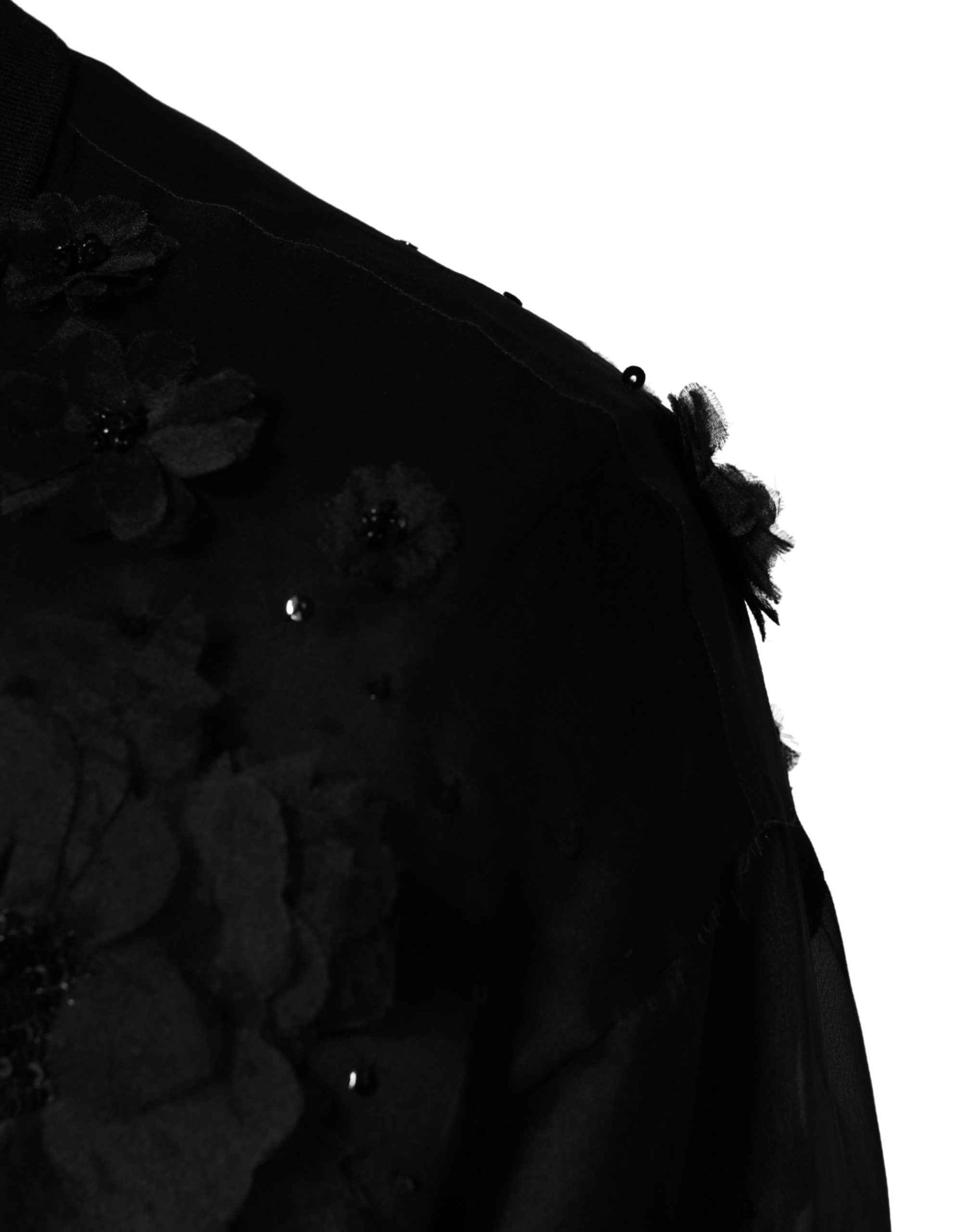 Black Floral Applique Sheer Short Sleeve Shirt
