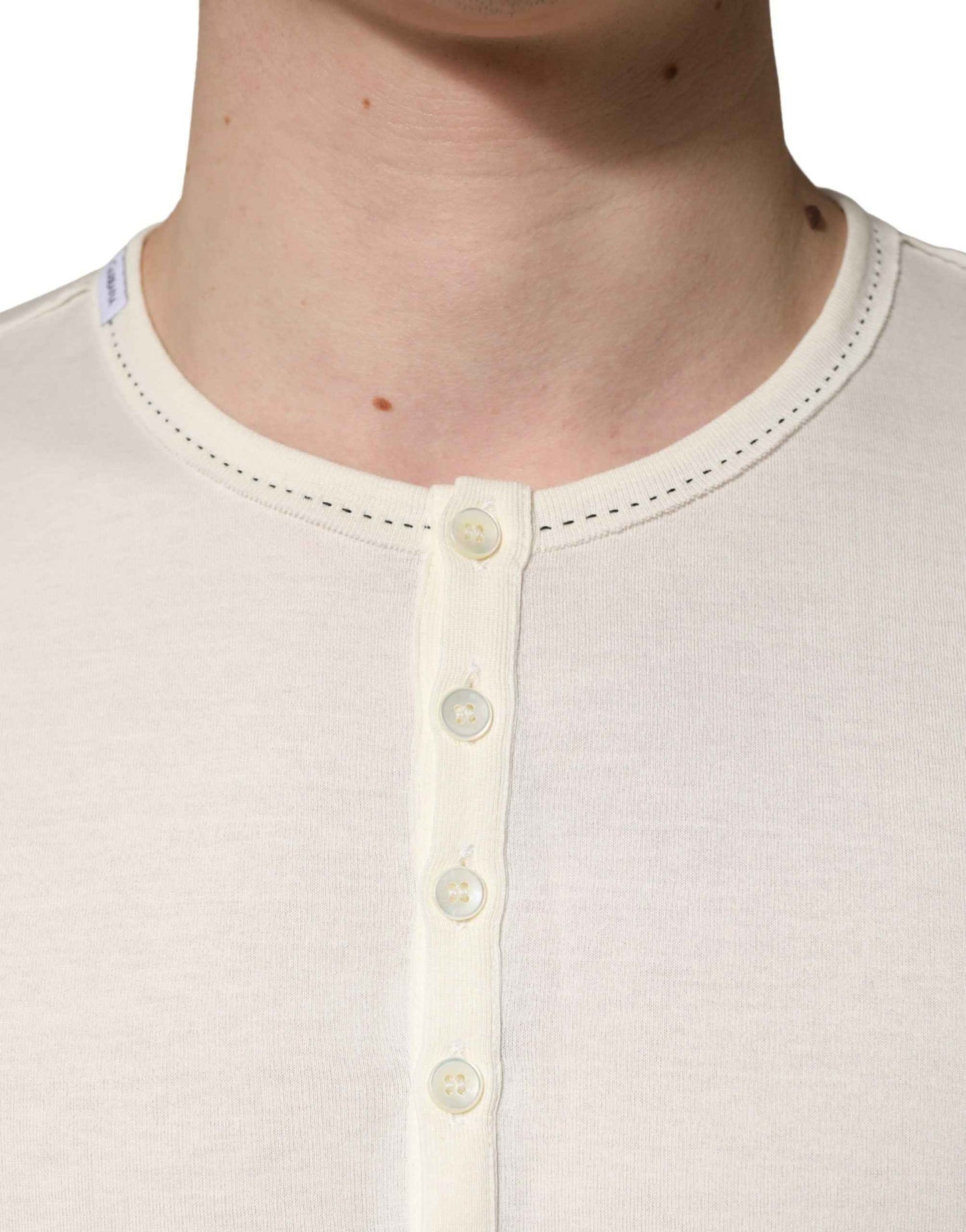 White Long Sleeves Henley Pullover Sweater