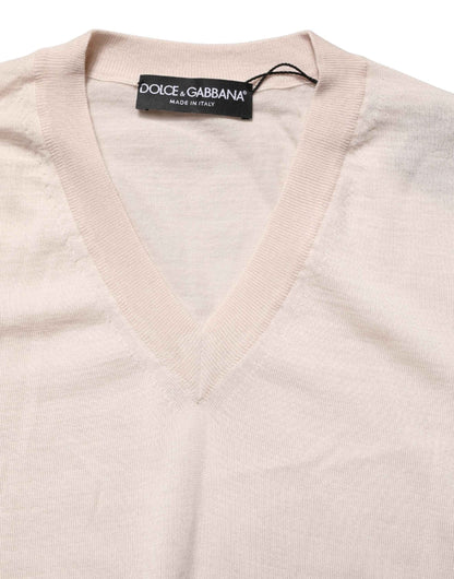 Beige Cashmere V-neck Men Pullover Sweater