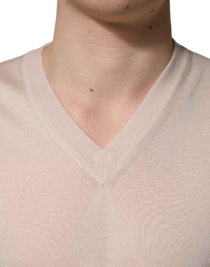 Beige Cashmere V-neck Men Pullover Sweater