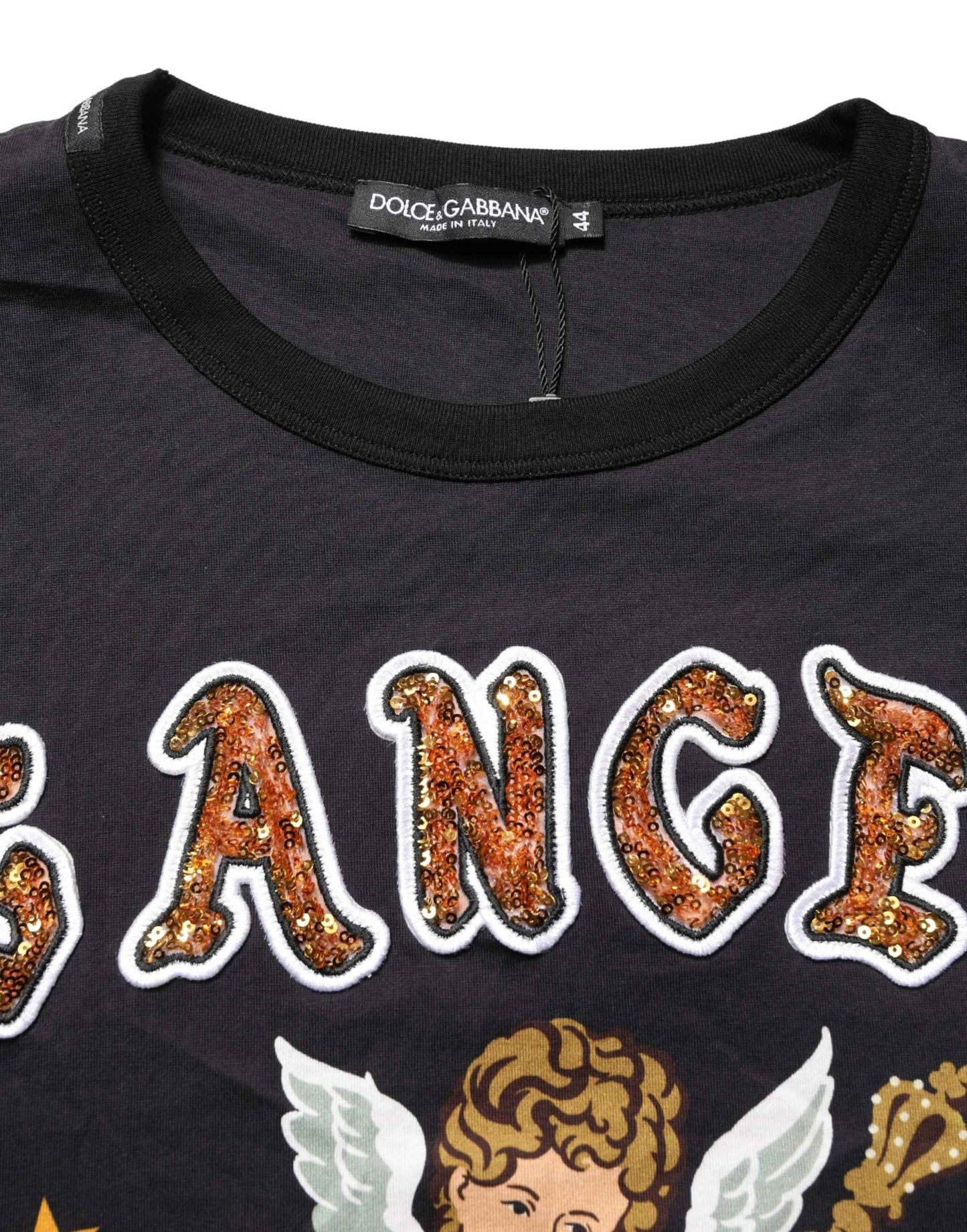 Black Angel Print Cotton Crew Neck T-shirt