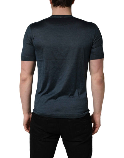 Dark Blue Silk Crew Neck Short Sleeve T-shirt