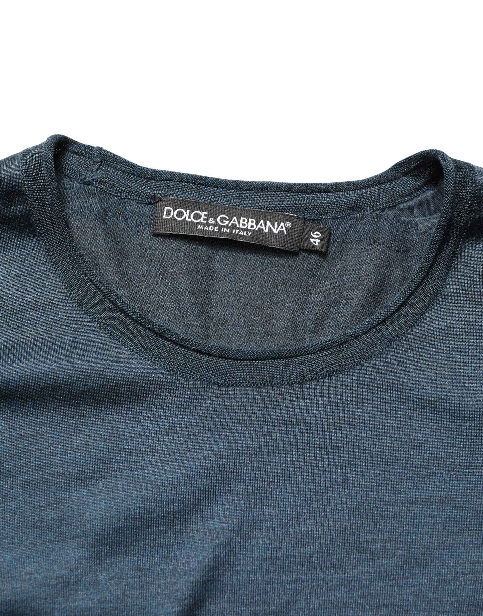 Dark Blue Silk Crew Neck Short Sleeve T-shirt