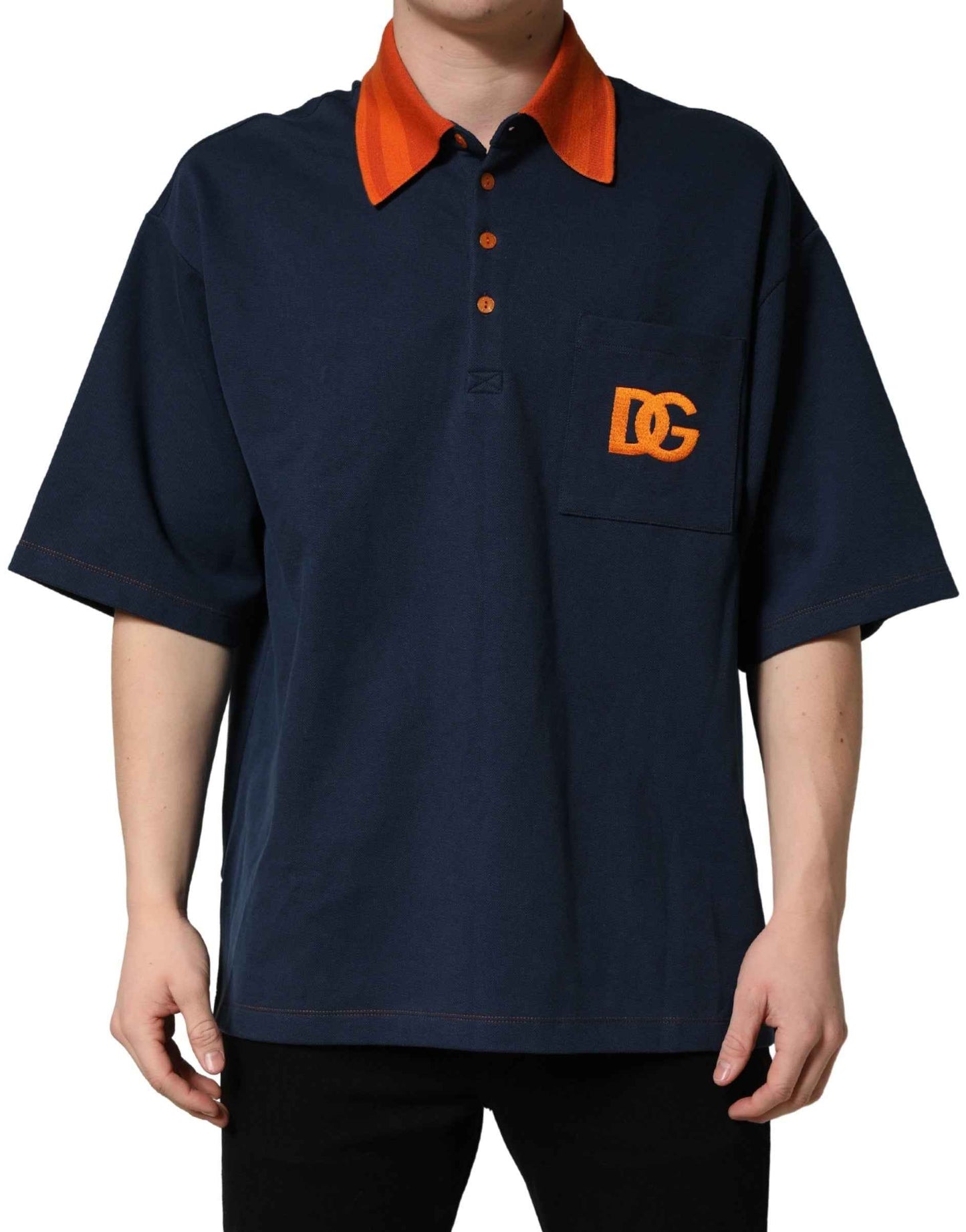 Navy Blue Cotton Logo Short Sleeves Men Polo T-shirt
