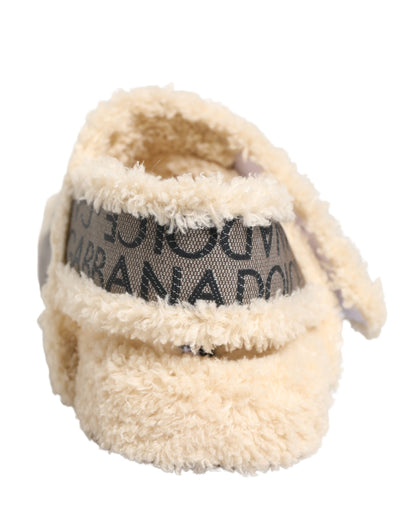 Beige Faux Fur Logo Print Flats Sandals Shoes
