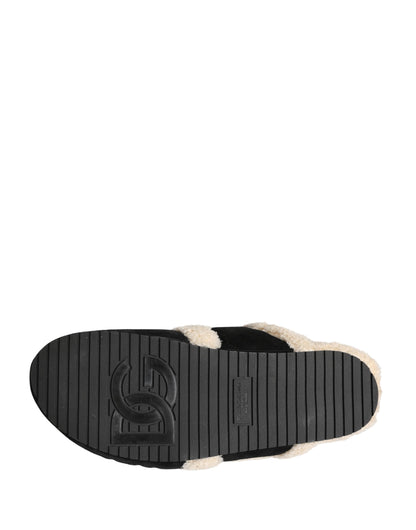 Beige Black Faux Fur Flats Men Sandals Shoes