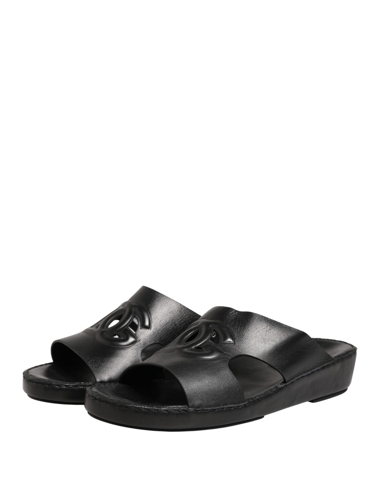 Black Leather Cutout DG Logo Sandals Shoes