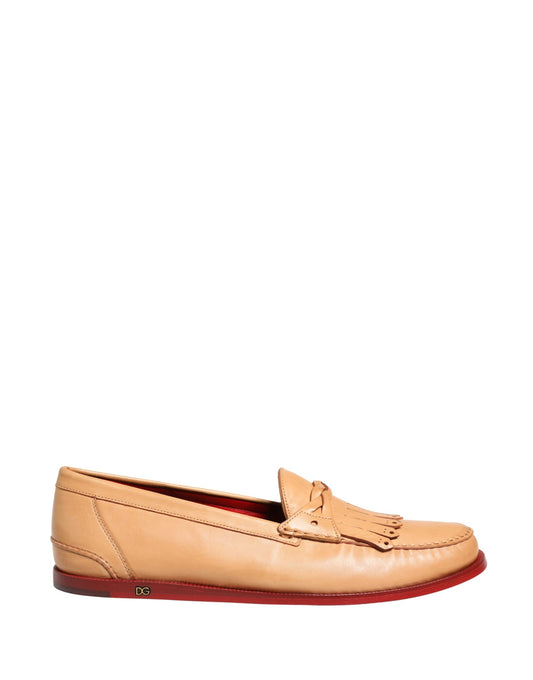 Beige Tassel Leather Men Slip On Loafers Shoes