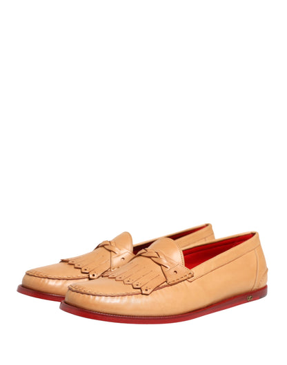 Beige Tassel Leather Men Slip On Loafers Shoes